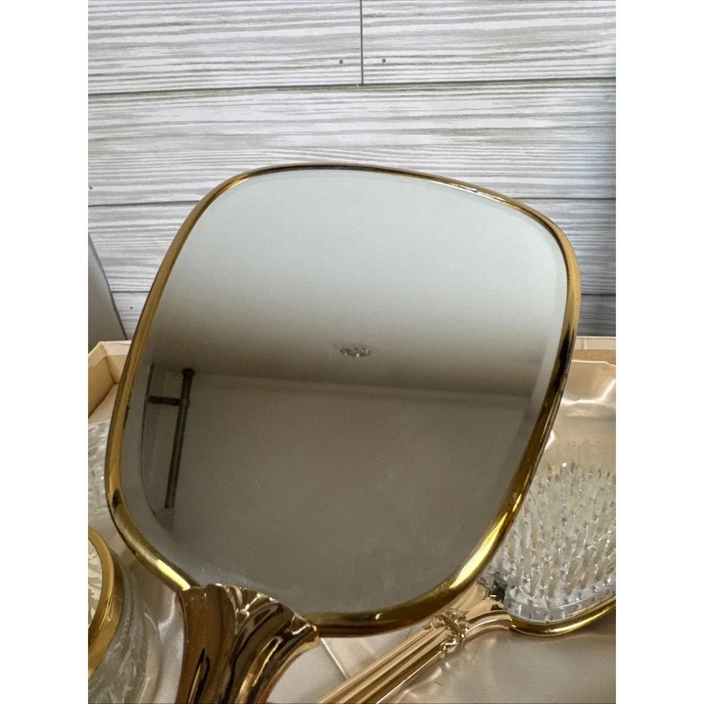 Vintage Mirror and Brush Vanity Set Gold Tone Scroll Design Metal Hand Held